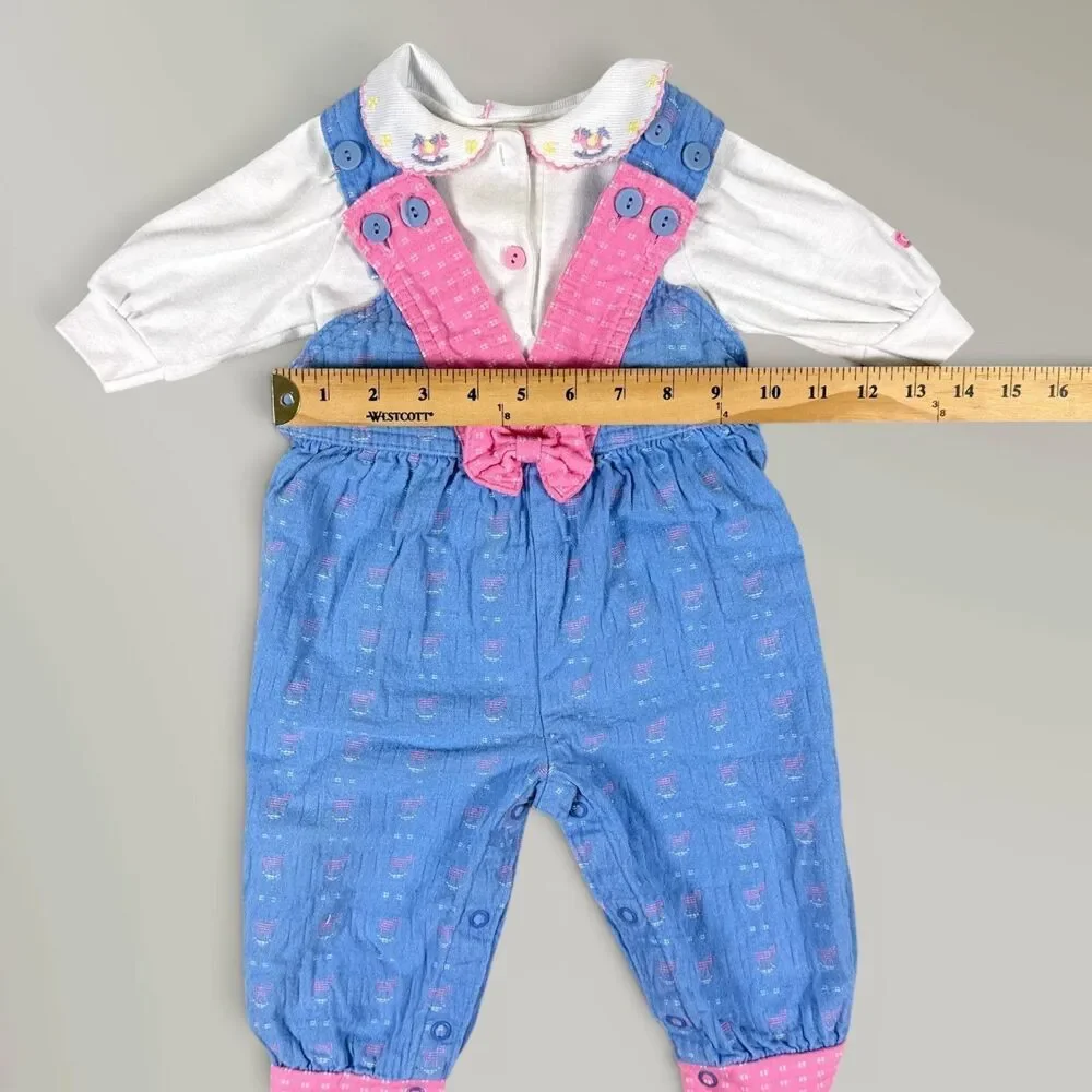 Vtg OshKosh Overalls & Shirt Pink Blue Rocking Horse Bows Vestbak Size 3-6 Mos